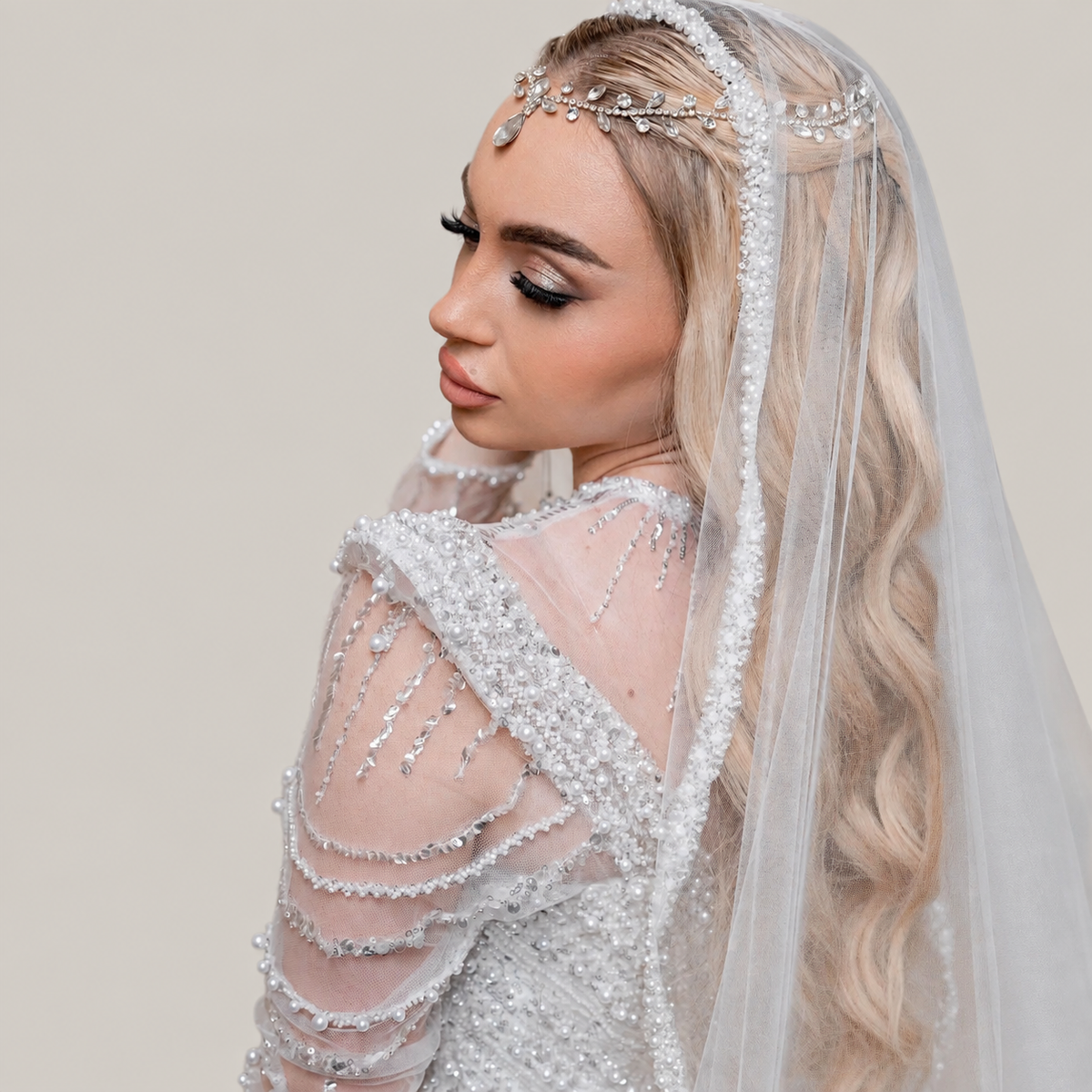 Cathedral-Length Spanish Bridal Veil With Beaded Trim
