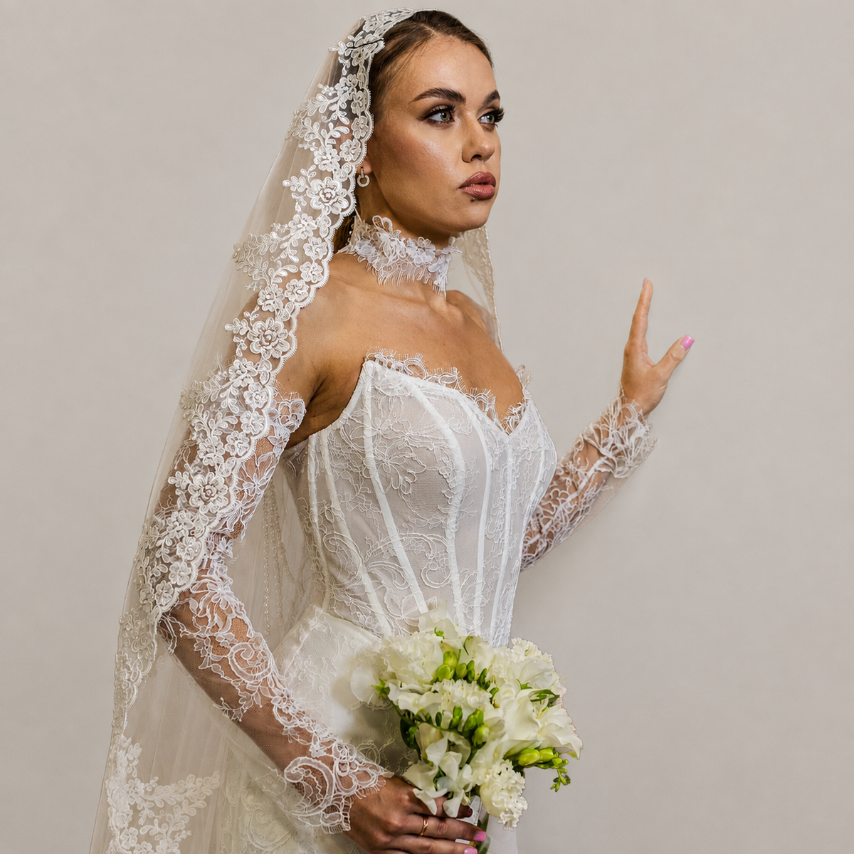 Chantilly Lace Mantilla Wedding Veil With Blusher Option