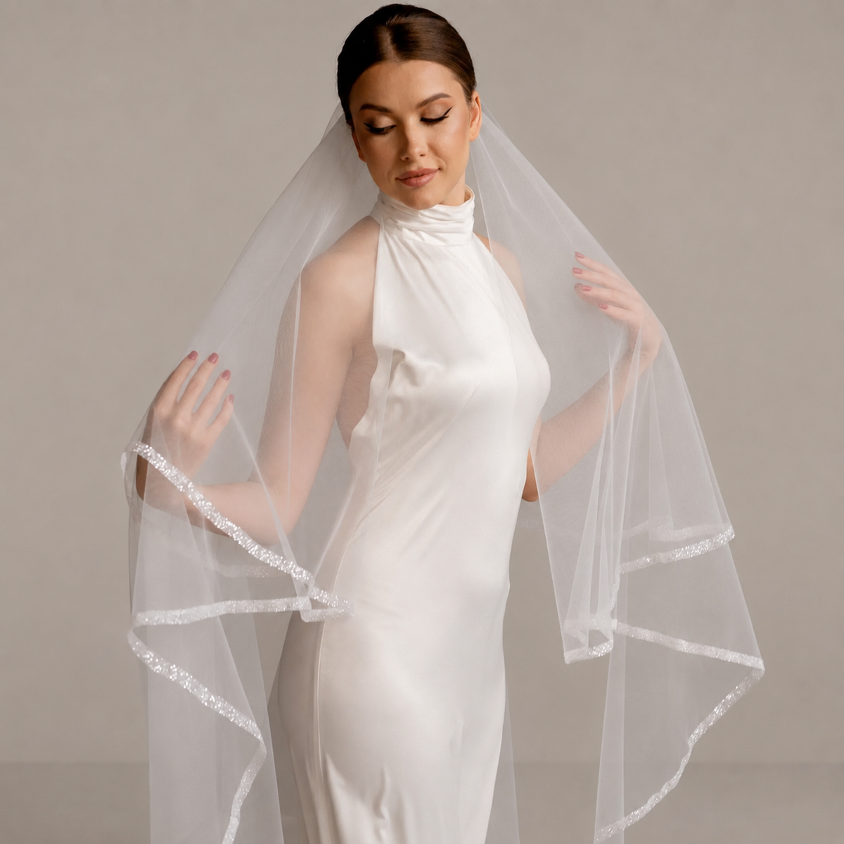 Double Tier Wedding Veil With Blusher | Glitter Edge Tulle