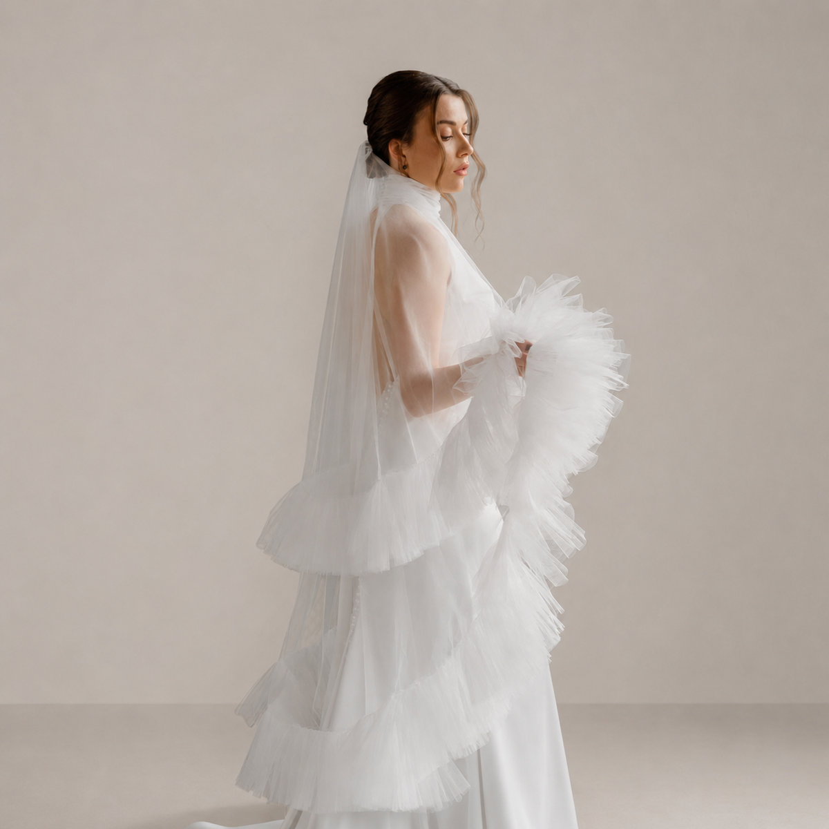 Ruffle Edge Wedding Veil With Blusher | Ivory Bridal Veil