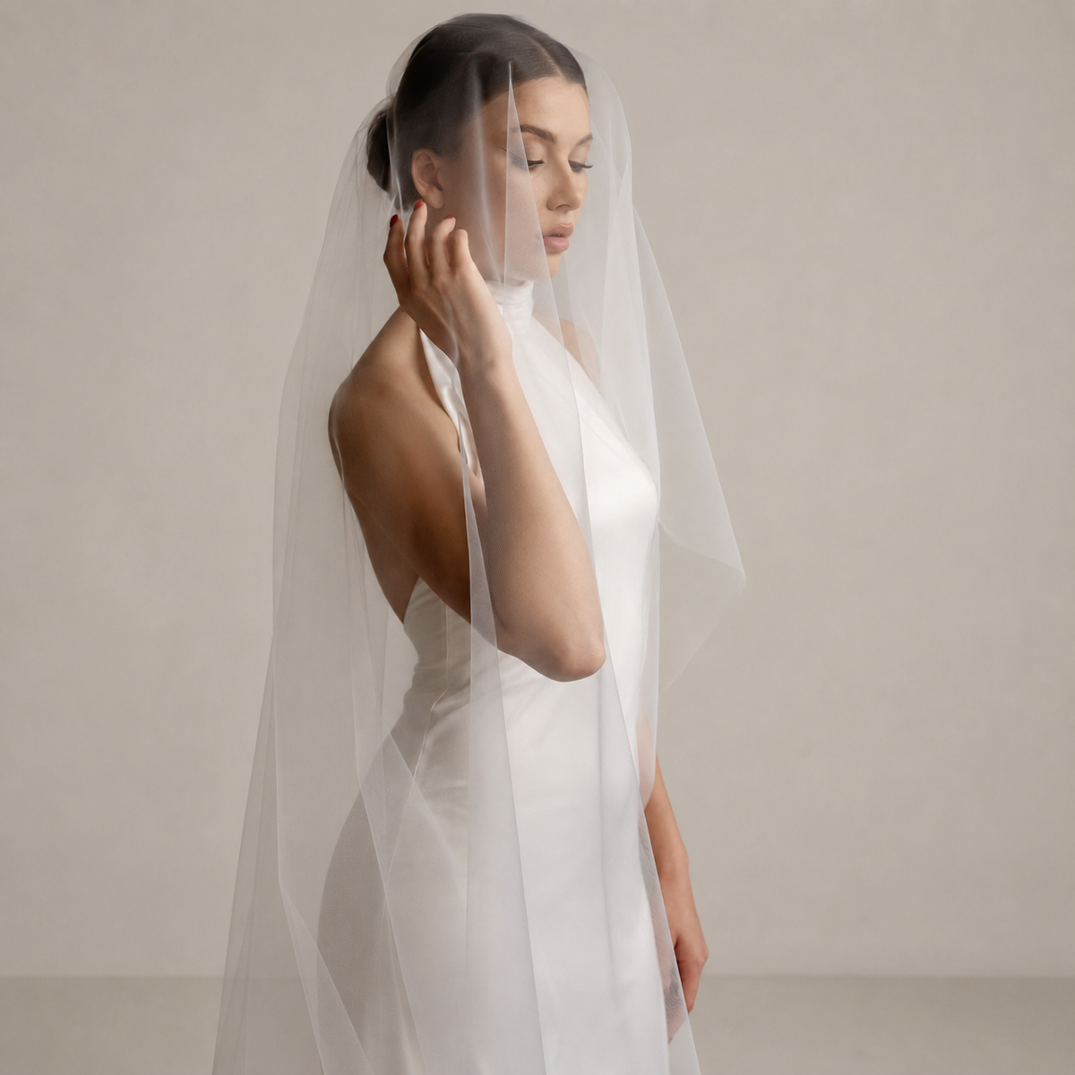 Oval Cut Wedding Veil With Blusher | Ivory Cathedral Veil