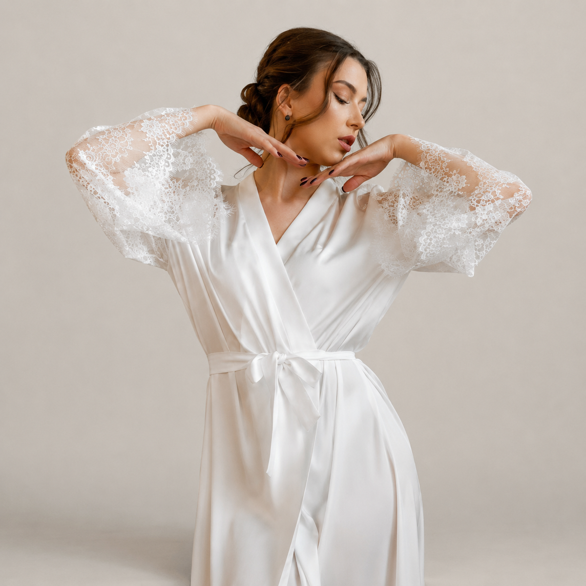 Satin Bridal Robe With Lace Sleeves