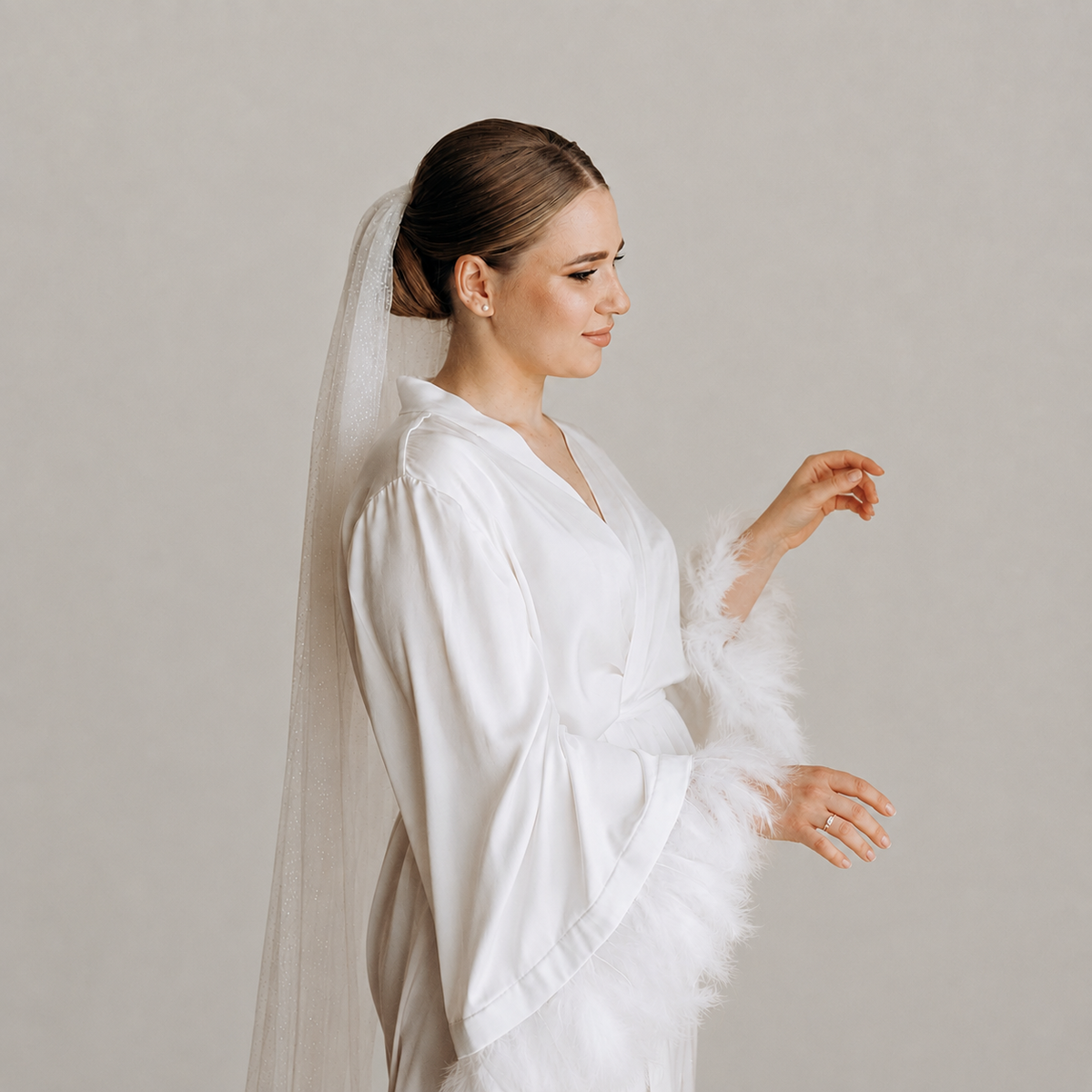 Feather Sleeve Bridal Robe in White Silk