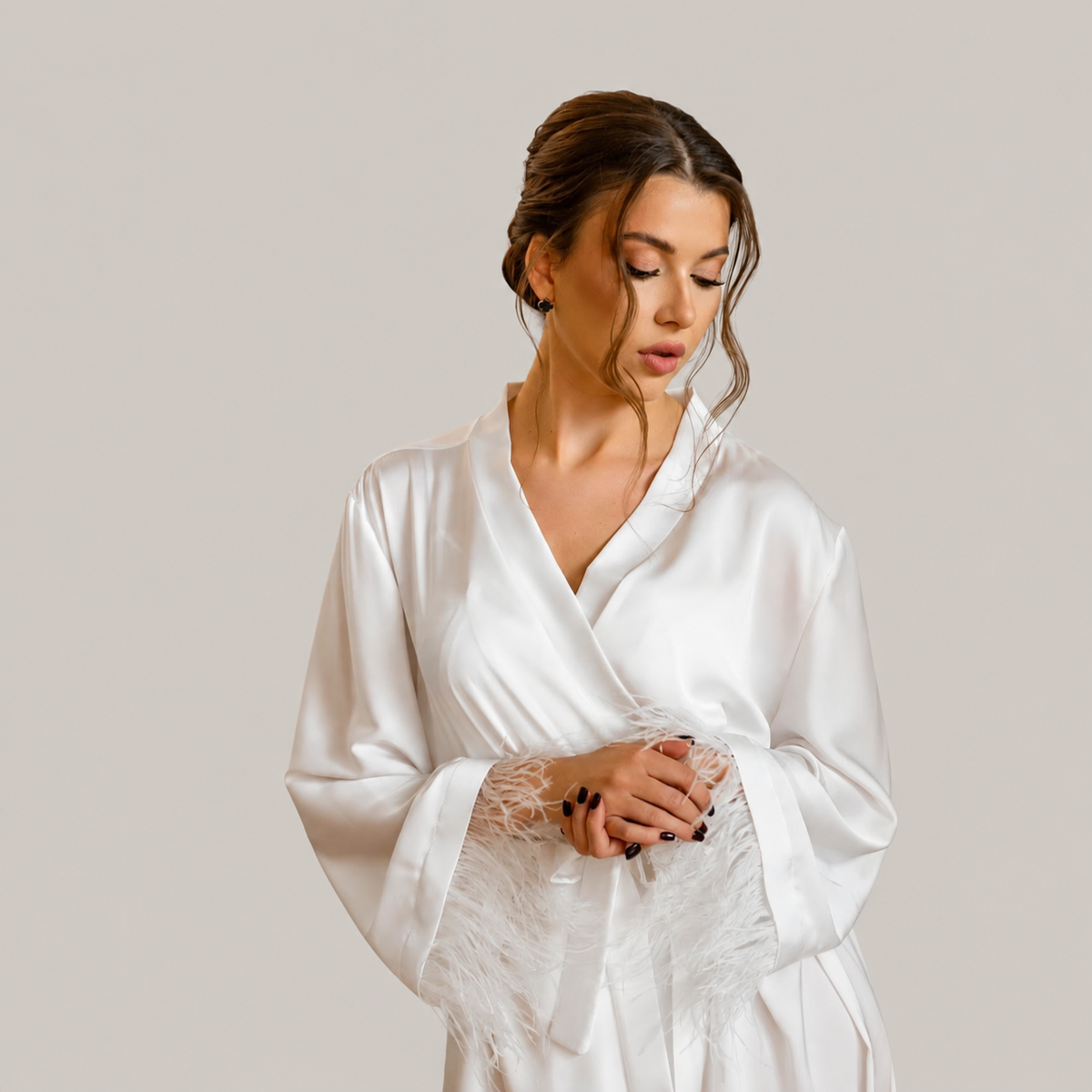 Feather Trim Bridal Robe in White Satin